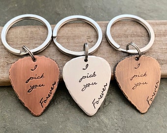 I pick you forever guitar pick keychain, Hand Stamped Guitar Pick thick 18g - Bronze, silver tone aluminum or rustic copper - gift for him