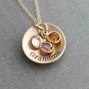 Hand Stamped Bronze and 14k Gold filled chain Grandma Necklace, Personalized with Crystal Birthstones, Grandchildren, Grandmother image 1