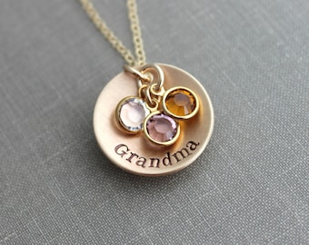 Hand Stamped Bronze and 14k Gold filled chain Grandma Necklace, Personalized with  Crystal Birthstones, Grandchildren, Grandmother