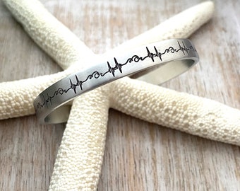 Heartbeat Ocean Wave Bracelet - Hand stamped silver aluminum cuff bracelet - 1/4 Inch skinny stacking bangle - Beach Jewelry