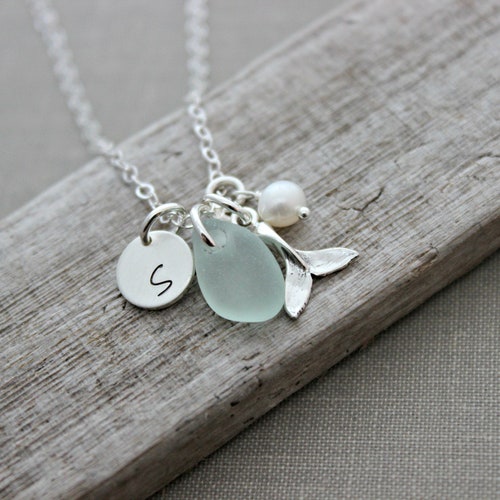 Sterling Silver Whale tail Necklace with Genuine Sea glass, pearl and Initial charm disc, Beach Jewelry, Eco Friendly Fashion