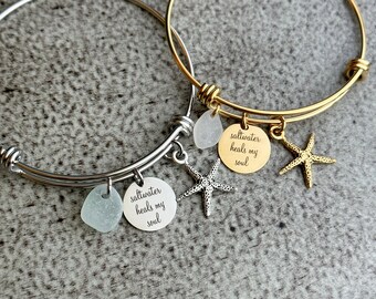 saltwater heals my soul, stainless steel beach quote bangle bracelet, silver or gold pewter starfish charm genuine sea glass gift for friend