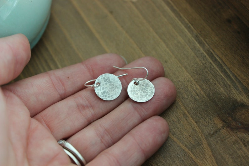 Darkened Hammered sterling silver round circle disc earrings, Sterling silver ear wire, Brushed Satin finish, Textured, Modern Dot, oxidized image 4