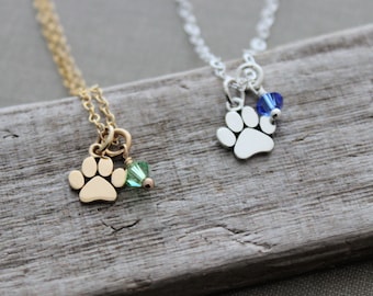 Tiny dog paw charm necklace - bronze 14k gold filled or sterling silver -  birthstone Crystal - Memorial necklace Loss of pet