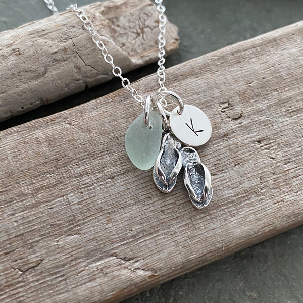 Sterling Silver Flip Flop Sandal Necklace with Sea Glass and Initial Charm, Personalized Beach Jewelry, Gift for her - summer necklace