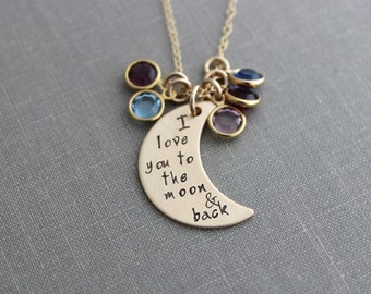 I love you to the moon & back Bronze Crescent Moon Necklace - personalized  Crystal Birthstones - Mother's Day Gift for mom