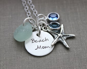 Beach Mom Necklace - Sterling silver - Hand Stamped - Starfish Charm - Genuine Sea Glass -  Crystal Birthstones - Beach Jewelry