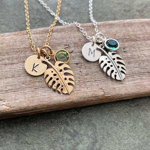Personalized Monstera Leaf Necklace with Initial charm and  Crystal Birthstone - Plant Lover gift - plant mom gift idea