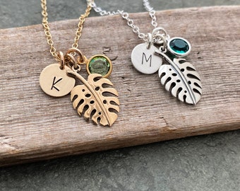 Personalized Monstera Leaf Necklace with Initial charm and  Crystal Birthstone - Plant Lover gift - plant mom gift idea