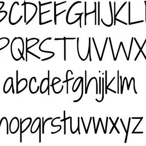 May include: A handwritten alphabet font in black ink on a white background. The font is casual and playful, with a slightly slanted style. The letters are uppercase and lowercase.