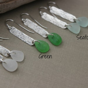 Genuine sea glass earrings sterling silver textured bar earrings beach jewelry choice of color seafoam, green or white hammered bar image 7