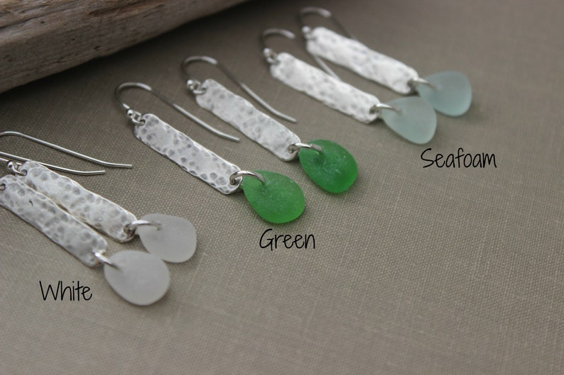 Genuine sea glass earrings sterling silver textured bar earrings beach jewelry choice of color seafoam, green or white hammered bar image 7