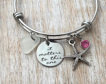 it matters to this one, stainless steel adjustable bangle bracelet, starfish charm, genuine sea glass and  birthstone, teacher gift