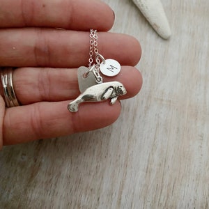 Sterling Silver Manatee Charm necklace with genuine Sea Glass and Personalized custom initial charm, made to order, Gift for beach lover image 3