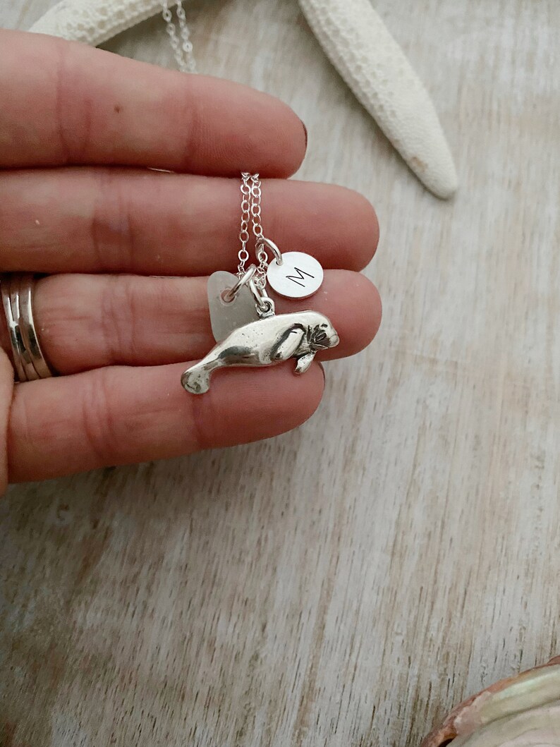 Sterling Silver Manatee Charm necklace with genuine Sea Glass and Personalized custom initial charm, made to order, Gift for beach lover image 3