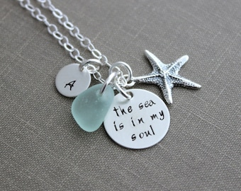 the sea is in my soul, Sterling silver, Hand Stamped, Starfish Charm and Initial Letter Charm, Beach Jewelry, genuine sea glass necklace