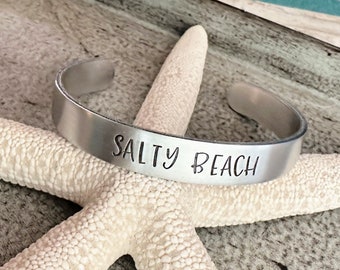 Salty Beach Cuff bracelet - hand stamped silver aluminum - Seashells - Funny Beach gift - gift for beach lover gift for friend