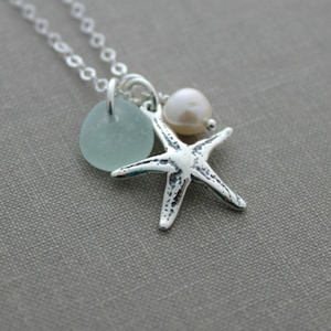 Sterling Silver Starfish Necklace with Genuine Sea Glass and Freshwater pearl , Personalized Beach jewelry - Seastar Necklace