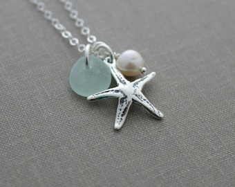 Sterling Silver Starfish Necklace with Genuine Sea Glass and Freshwater pearl , Personalized Beach jewelry - Seastar Necklace