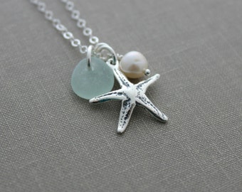 Sterling Silver Starfish Necklace with Genuine Sea Glass and Freshwater pearl , Personalized Beach jewelry - Seastar Necklace