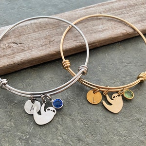 Sloth Charm bracelet - personalized with initial and   crystal birthstone silver or gold stainless steel adjustable wire bracelet