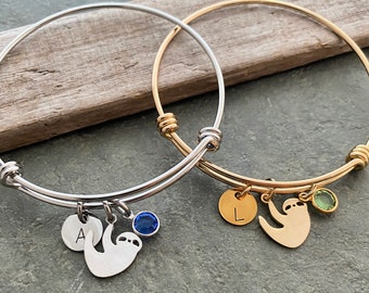 Sloth Charm bracelet - personalized with initial and   crystal birthstone silver or gold stainless steel adjustable wire bracelet