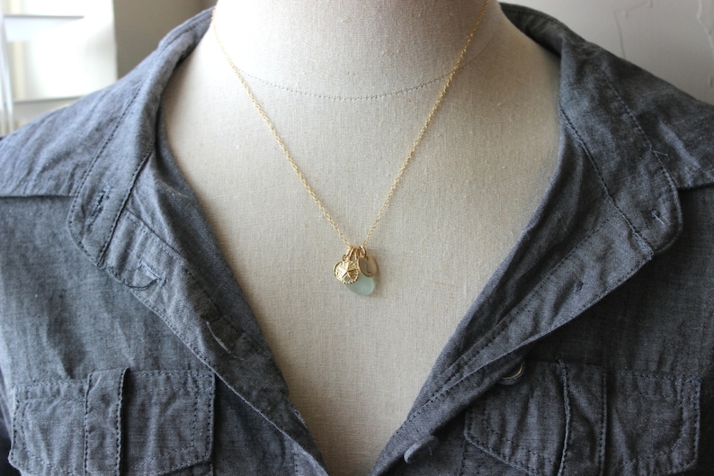 14k Gold filled Sand dollar Charm Necklace genuine Sea Glass & Initial Charm Wedding Bridesmaid Gift Birthstone, gift for her image 3