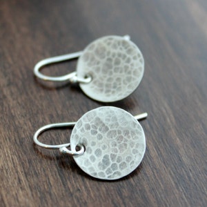 Darkened Hammered sterling silver round circle disc earrings, Sterling silver ear wire, Brushed Satin finish, Textured, Modern Dot, oxidized image 1