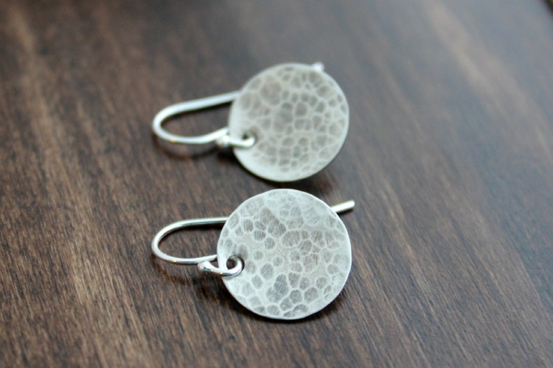 Darkened Hammered sterling silver round circle disc earrings, Sterling silver ear wire, Brushed Satin finish, Textured, Modern Dot, oxidized image 1