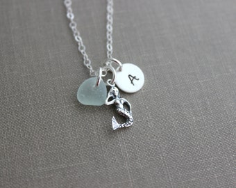 Mermaid Necklace Sterling Silver with genuine Sea Glass, Personalized necklace - Initial Charm Necklace, Beach Jewelry - Mermaid jewelry