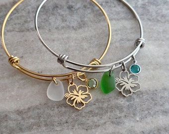 Hibiscus flower charm bracelet, silver or gold stainless steel, genuine sea glass and crystal birthstone