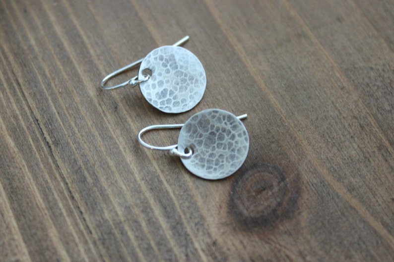 Darkened Hammered sterling silver round circle disc earrings, Sterling silver ear wire, Brushed Satin finish, Textured, Modern Dot, oxidized image 3