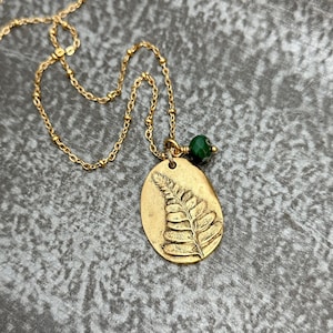 Rustic Gold Pewter and Stainless Steel Fern necklace with Green Czech Glass Bead - Fall jewelry , plant jewelry