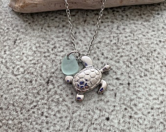 Sea Turtle Cremation Urn Pendant - Stainless Steel with Genuine Sea Glass - Personalized beach memorial Charm - Memorial for Beach Lover