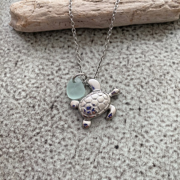 Sea Turtle Cremation Urn Pendant - Stainless Steel with Genuine Sea Glass - Personalized beach memorial Charm - Memorial for Beach Lover