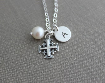 Personalized Charm Necklace with Sterling Silver Jerusalem Cross, White Freshwater Pearl and Initial Charm Made to Order, Faith