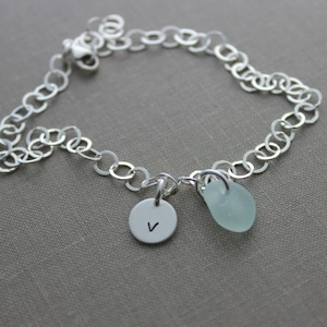 Sterling Silver initial and Genuine Sea Glass Bracelet, Personalized with Hand Stamped Initial Charm and choice of seaglass color