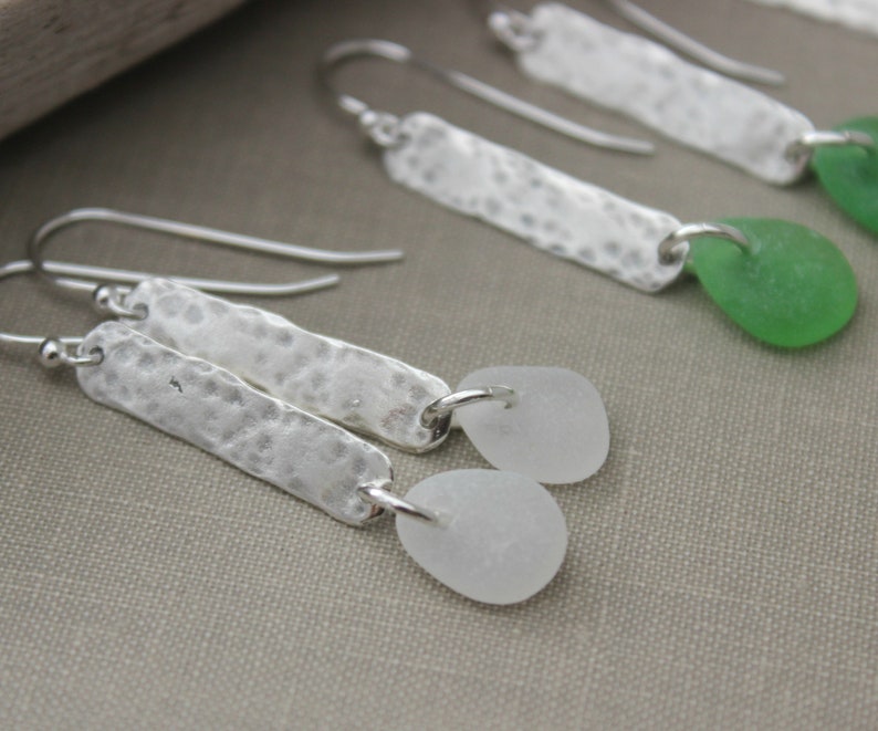 Genuine sea glass earrings sterling silver textured bar earrings beach jewelry choice of color seafoam, green or white hammered bar image 3