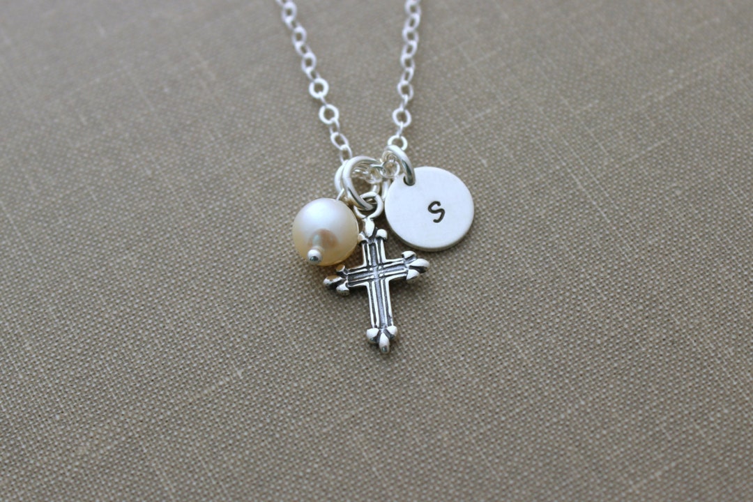 Personalized Charm Necklace With Sterling Silver Cross White Freshwater ...