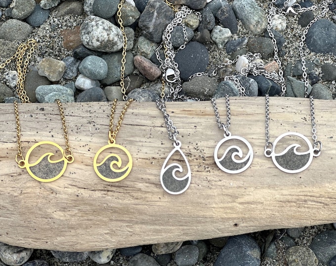 Whidbey Island beach sand necklace, stainless steel wave necklace with beach sand, Washington State, Home necklace, Beach jewelry, wave gift