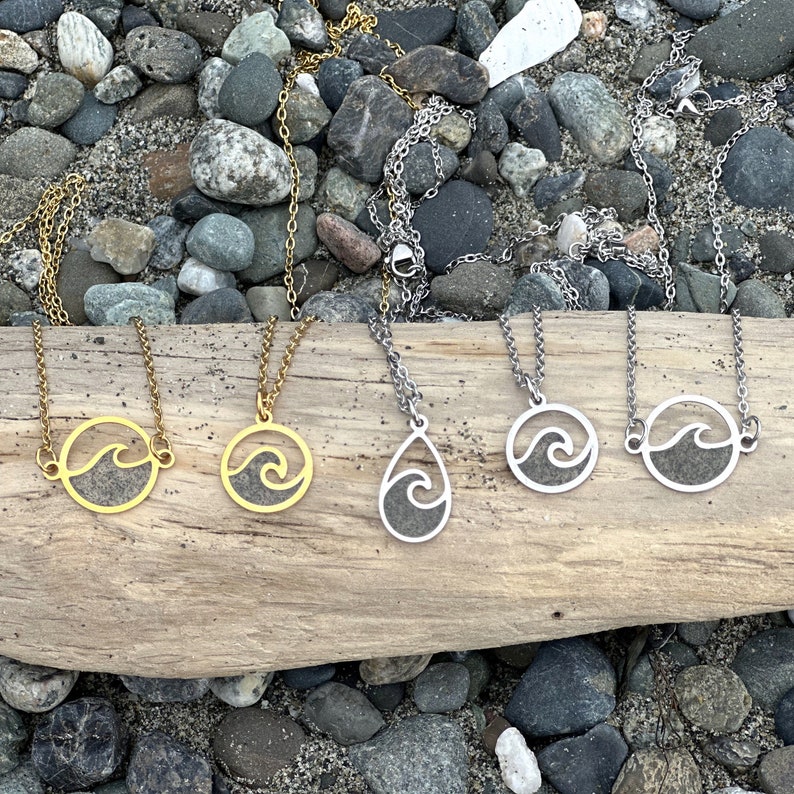 Whidbey Island beach sand necklace, stainless steel wave necklace with beach sand, Washington State, Home necklace, Beach jewelry, wave gift image 1