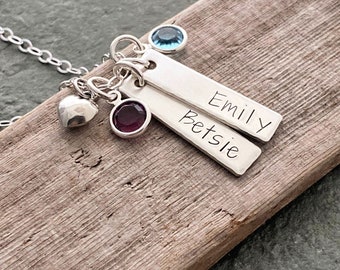 Sterling Silver 2 name bar Necklace with  crystal birthstones and heart, Rectangle Charm,  Personalized, Nameplate, Mommy Jewelry