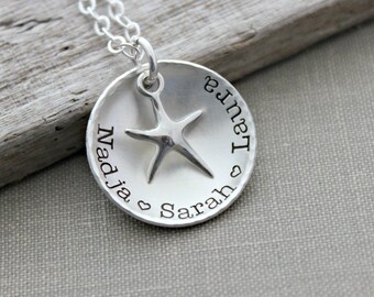 Sterling Silver Beach Mom Starfish Necklace, Cupped Disc with Sterling Starfish and names, Gift for Grandma, Nana, Momma, Personalized Disk