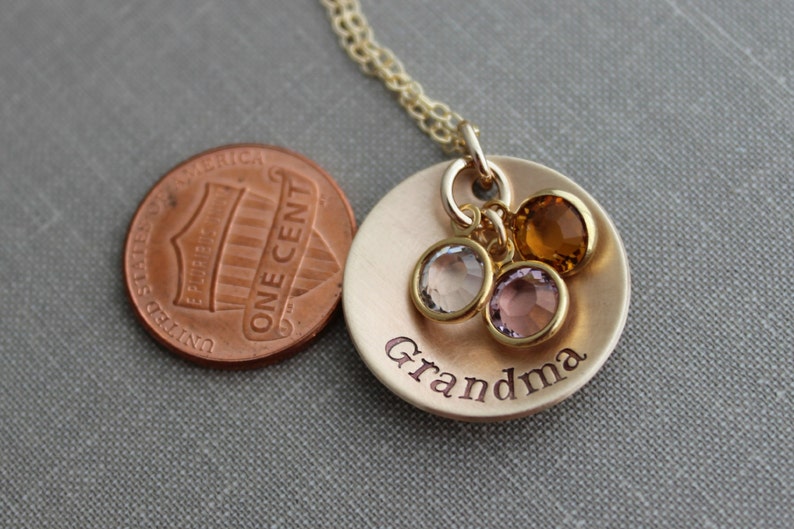 Hand Stamped Bronze and 14k Gold filled chain Grandma Necklace, Personalized with Crystal Birthstones, Grandchildren, Grandmother image 2