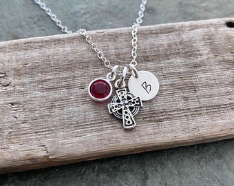 Sterling silver celtic cross Necklace with personalized Initial Charm disk and  crystal birthstone, Irish necklace, Birthday gift