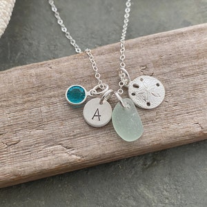 Sterling Silver Sand dollar necklace with genuine Sea Glass, Personalized Initial Charm and  Crystal Birthstone, Beach jewelry