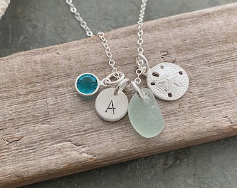 Sterling Silver Sand dollar necklace with genuine Sea Glass, Personalized Initial Charm and  Crystal Birthstone, Beach jewelry