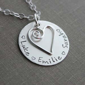 Sterling Swirl heart and Children's names, Sterling Silver Mom Necklace Gift for Grandma, Nana, Momma, Personalized Disk Multiple names