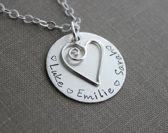 Sterling Swirl heart and Children's names, Sterling Silver Mom Necklace Gift for Grandma, Nana, Momma, Personalized Disk Multiple names