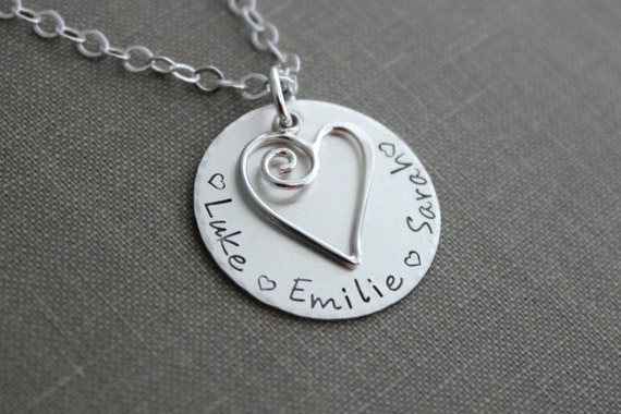 Sterling Swirl Heart and Children's Names, Sterling Silver Mom